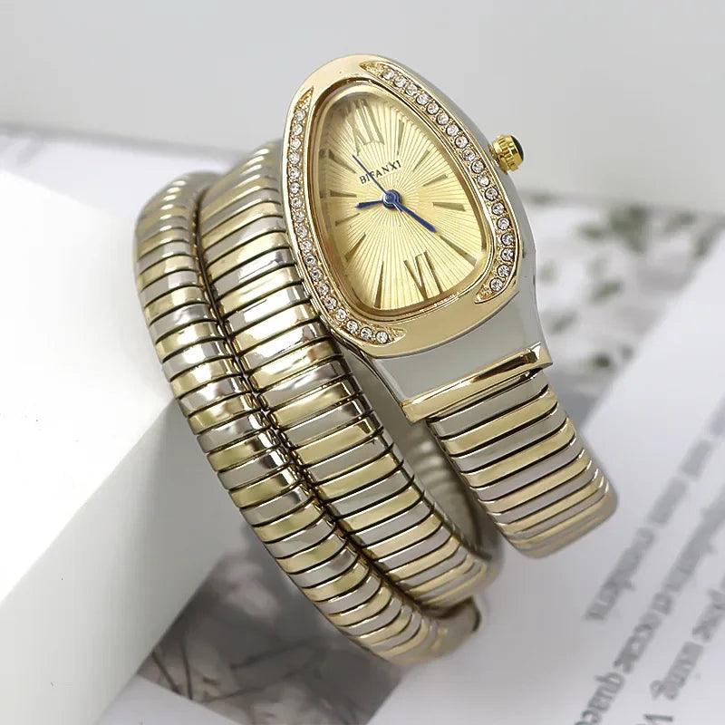Unique Snake Shaped Design Bracelet Gold Silver Watches for Women Luxury Bangle Quartz Watches