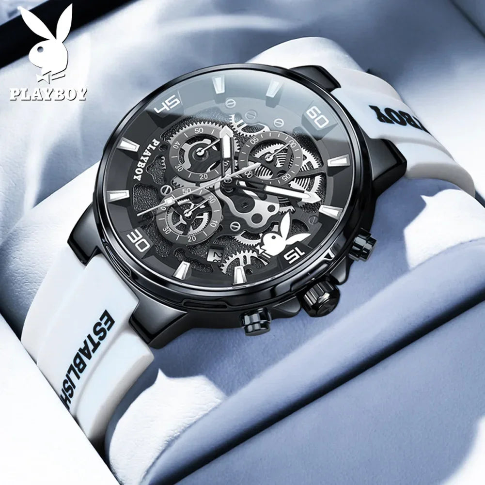 PLAYBOY Fashion Top Brand Luxury Silicone Sport Watch Quartz Date Waterproof Wristwatch Chronograph Mens Watches