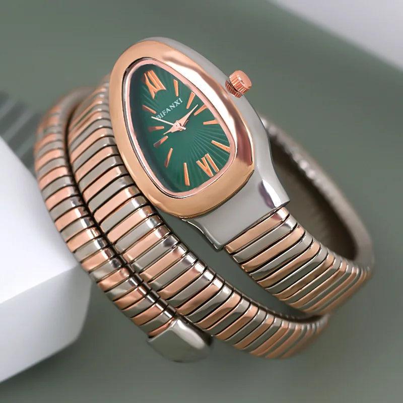 Latest Fashion Snake Design Luxury Gold Colour Stainless Steel Quartz Watches for Women Waterproof Elegant Jewellery