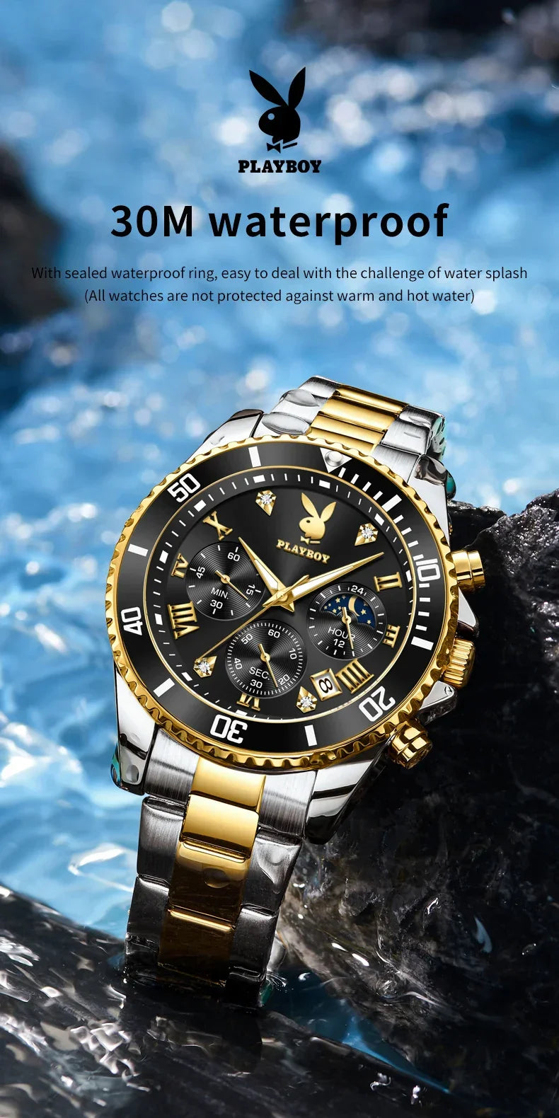 PLAYBOY Casual Business New Original Stainless Steel Multifunction Waterproof Luxury Quartz Men's Watches