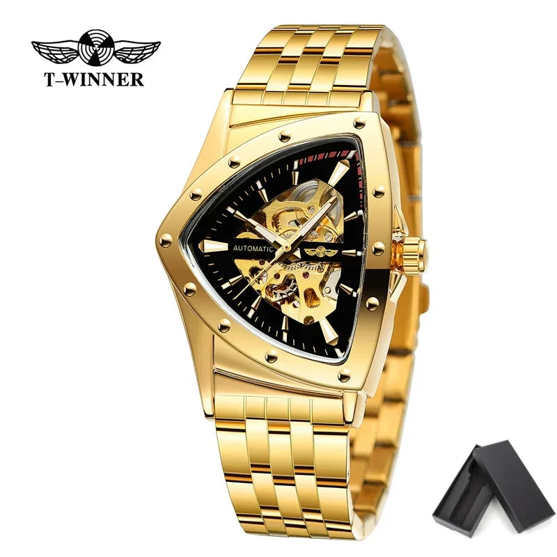 Golden Stainless Steel Waterproof Sport Transparent Triangle Skeleton Mechanical New Mens Wristwatches