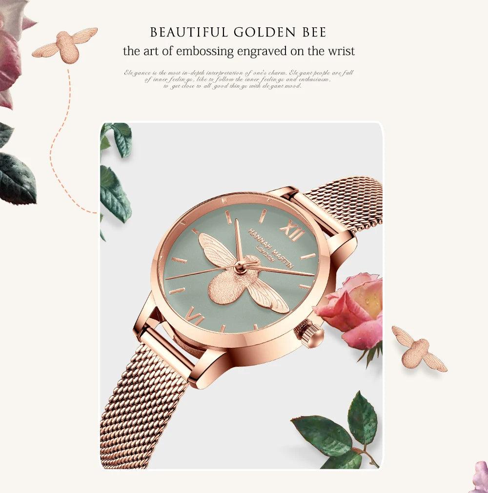 Elegant Luxury 3D Engraved Bee Dial Ladies Watch Rose Gold Plated 31mm Classic Casual Dress Watch with Bracelet Set