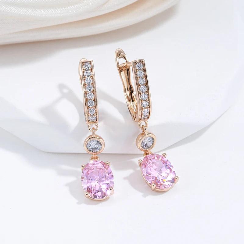 Attractive Rolled 14K Rose Gold Pink AAA Zircon Crystals Dangle Earrings For Women - Luxury Bride Jewellery