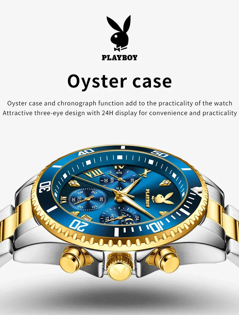 PLAYBOY Popular Original Stainless Steel Waterproof Quartz Multifunction Casual Fashion Trend Mens Watches