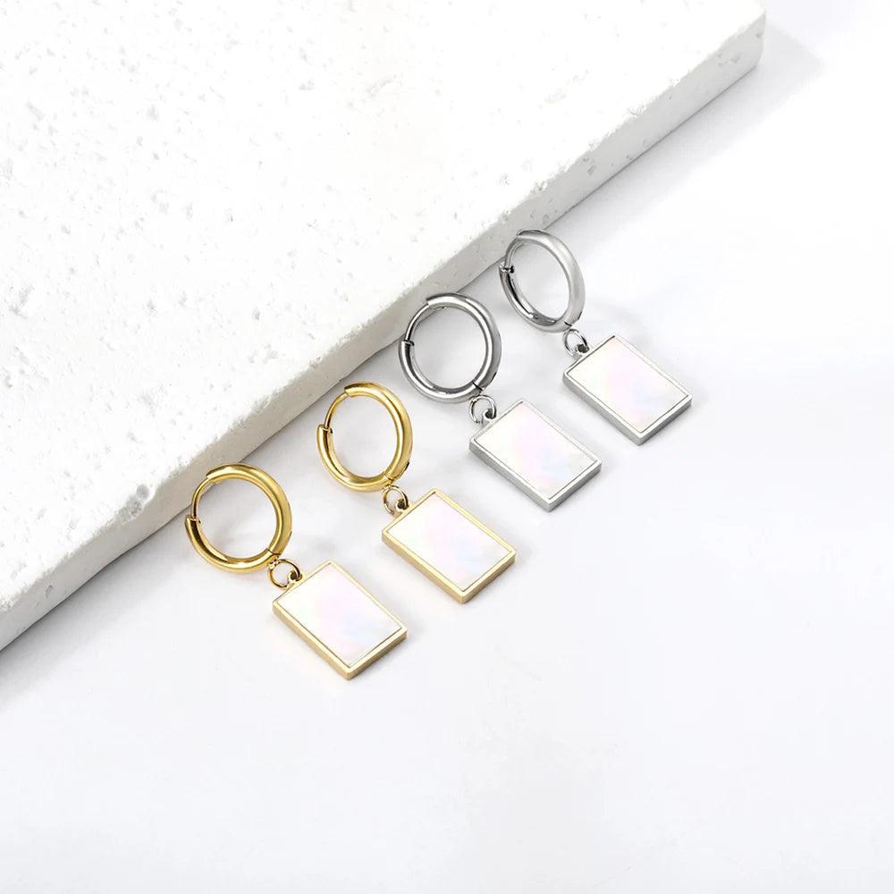 Stainless Steel Geometric White Shell Heart Round Square Shape Bee Moon Crown Hoop Earrings For Women, Girls - The Jewellery Supermarket