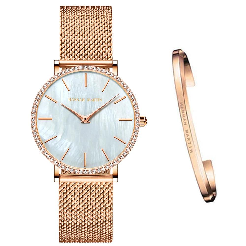 Elegant Luxury Women Watch Quartz Movement Shell Dial Rhinestone Stainless Steel Fashion Waterproof Wristwatches