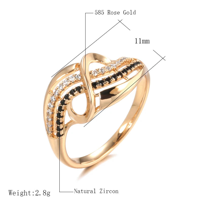 High Quality Rolled 14K Rose Gold Fine Jewellery Black, White AAA Zircon Diamonds Geometric Lines Cross Waves Ring