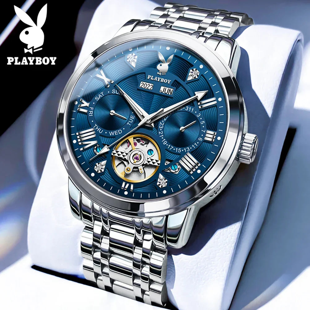 PLAYBOY Luxury Top Brand Fashion Automatic Mechanical Stainless Steel Waterproof Business Men's Watches for Men