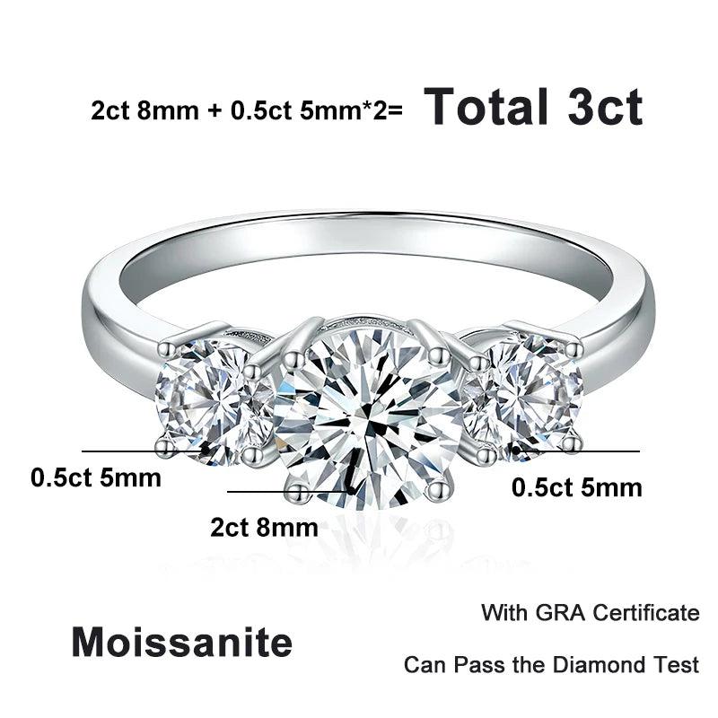 Superb Full D Colour Moissanite Diamonds Sterling Silver Rings 3-Stone Proposal Engagement Wedding Rings Jewellery