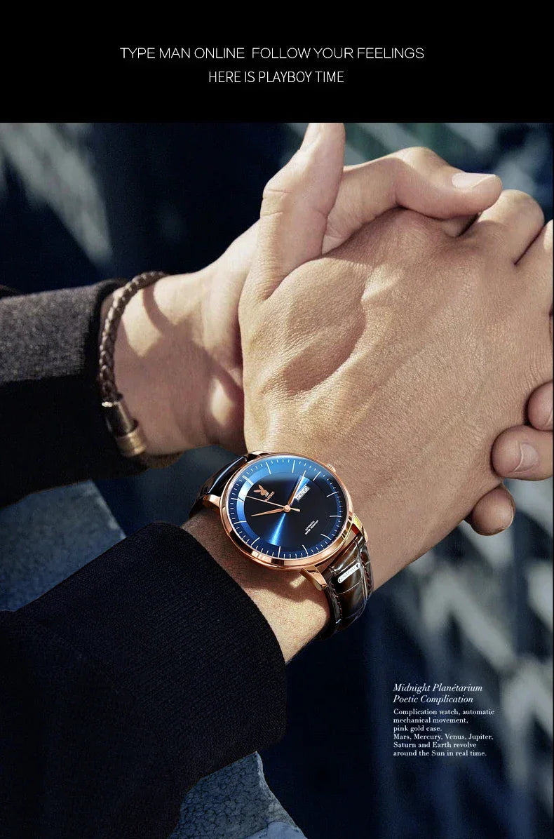 PLAYBOY Casual Simple Automatic Mechanical Men's Watches Original Waterproof Calendar High Quality Watch for Men