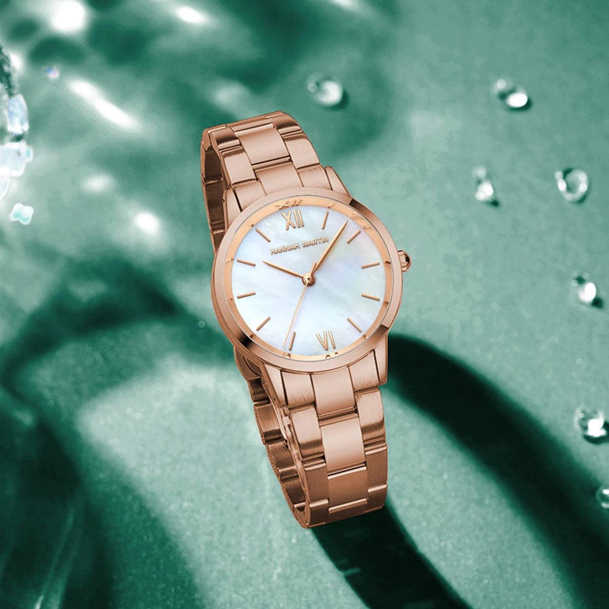 NEW Elegant Quartz Pearl Oyster Jade Stone White Shell Waterproof Ladies Full Stainless Steel Classic Wrist Watches