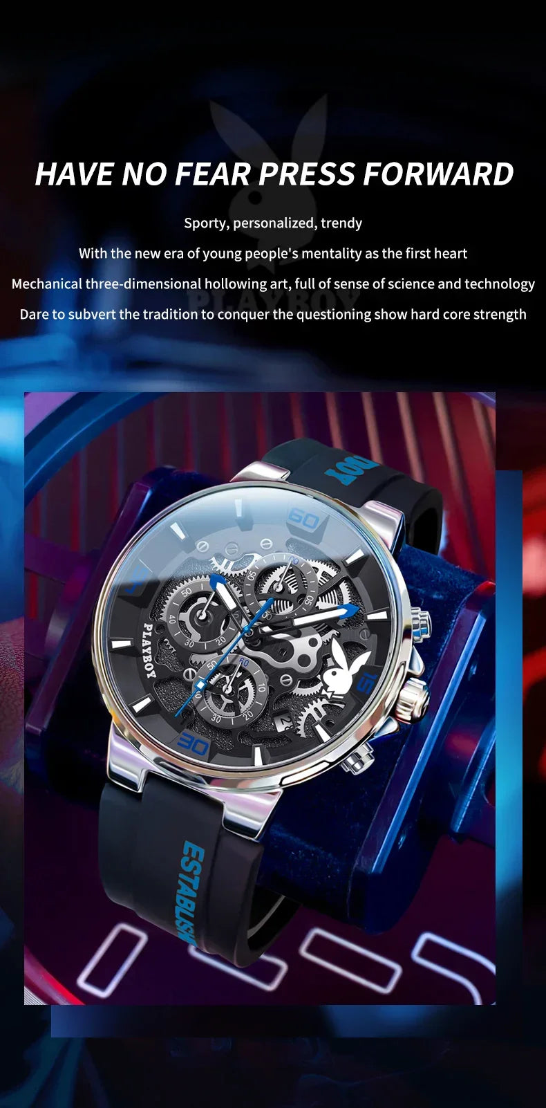 PLAYBOY Fashion Top Brand Luxury Silicone Sport Watch Quartz Date Waterproof Wristwatch Chronograph Mens Watches