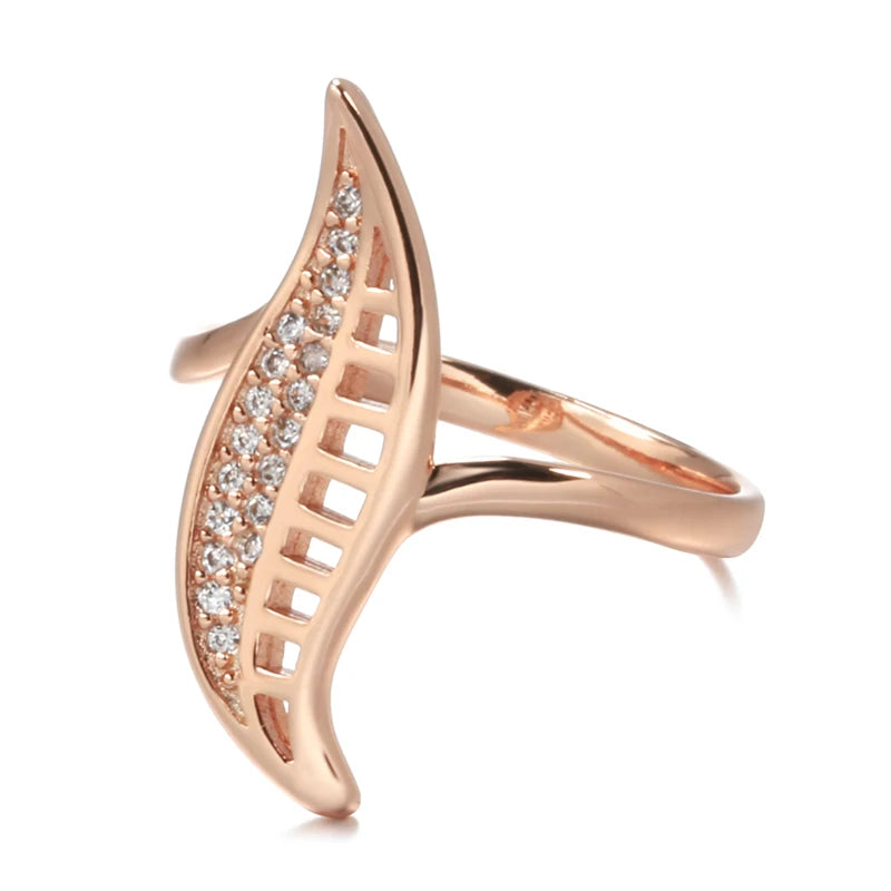 Luxury Leaf Shape Wax Inlay Rolled 14K Rose Gold AAA Zircon Diamonds Ring - Party Fashion Daily Jewellery
