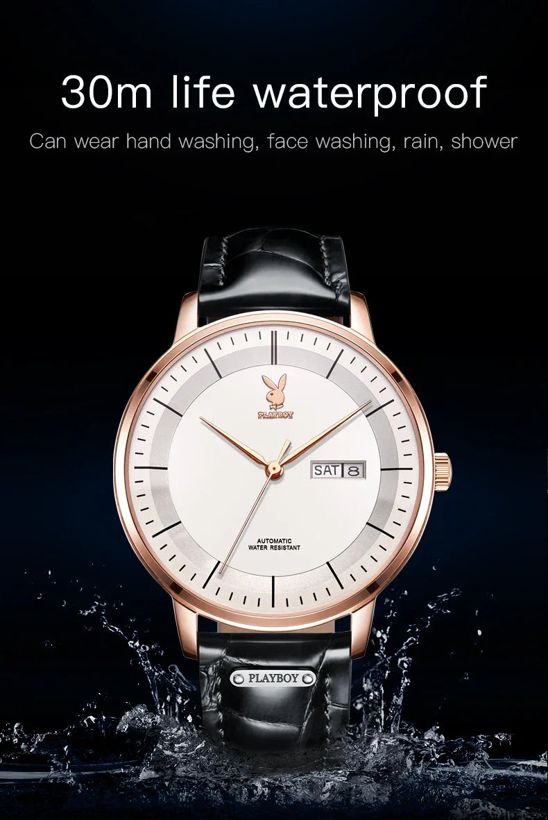 PLAYBOY Casual Simple Automatic Mechanical Men's Watches Original Waterproof Calendar High Quality Watch for Men
