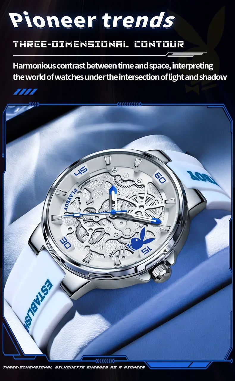 PLAYBOY Luxury Brand Casual Waterproof Quartz Silicone Strap Sports Elegant High-end Wrist Watch for Men