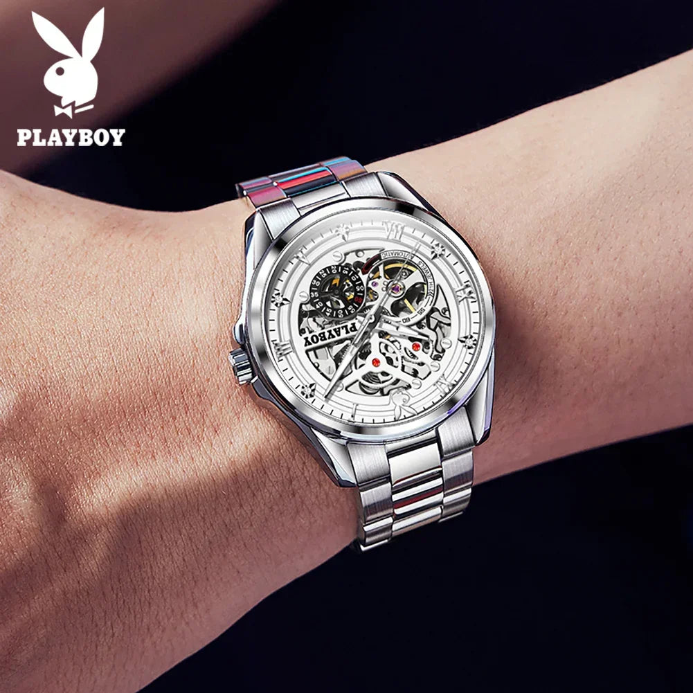 PLAYBOY Brand Skeleton Multifunction Automatic Mechanical Original Stainless Steel Fashion Luxury Watches for Men