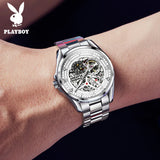 PLAYBOY Brand Skeleton Multifunction Automatic Mechanical Original Stainless Steel Fashion Luxury Watches for Men