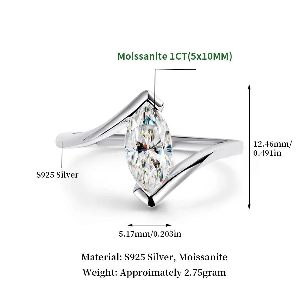 GRA Certified 5x10mm Marquise Cut Moissanite Diamond Solitaire Rings, 925 Sterling Silver Wedding Fine Jewellery