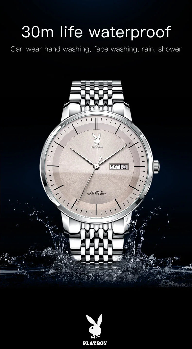 PLAYBOY Casual Simple Automatic Mechanical Men's Watches Original Waterproof Calendar High Quality Watch for Men