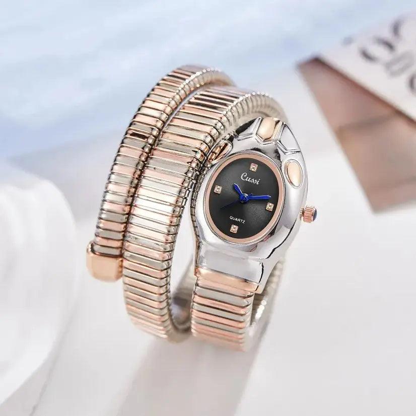 New Luxury Gold Silver Colour Snake Shaped Quartz Watches For Women - Elegant Fashionable Bracelet Wristwatches