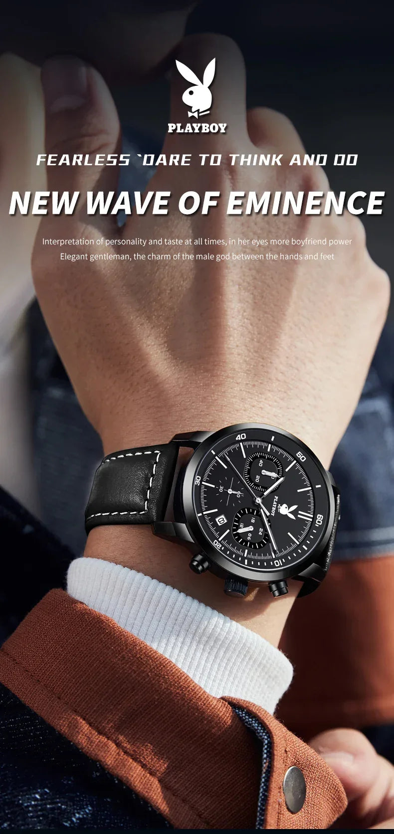PLAYBOY Top Brand Fashion Watch for Men Leather Strap  High Quality Casual Waterproof Luxury Quartz Men's Watches