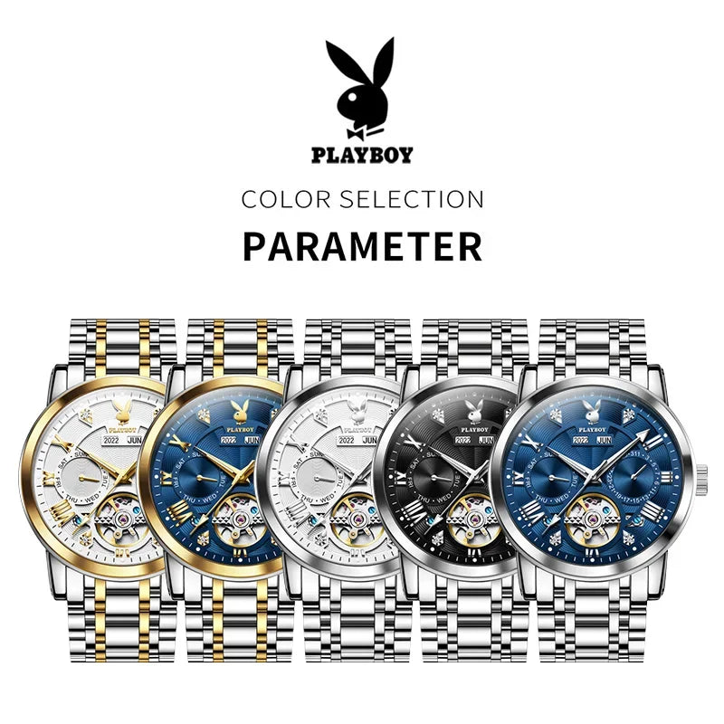 PLAYBOY Luxury Top Brand Fashion Automatic Mechanical Stainless Steel Waterproof Business Men's Watches for Men