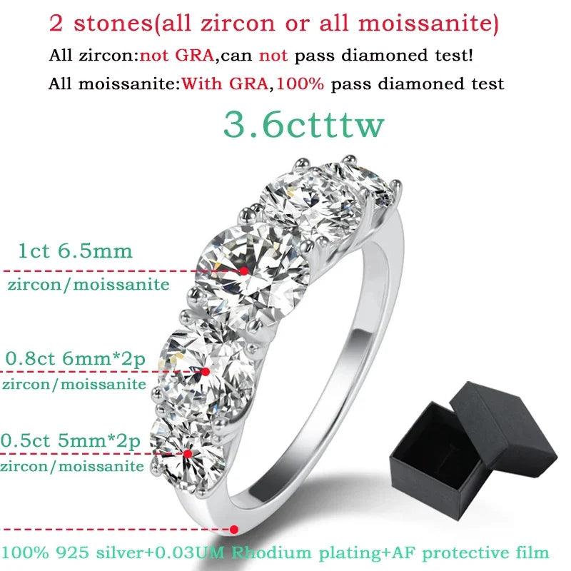 5 Stones 18KGP 3.6CT All Moissanite Sparkling Diamonds Rings for Women Engagement Wedding Sterling Silver Jewellery