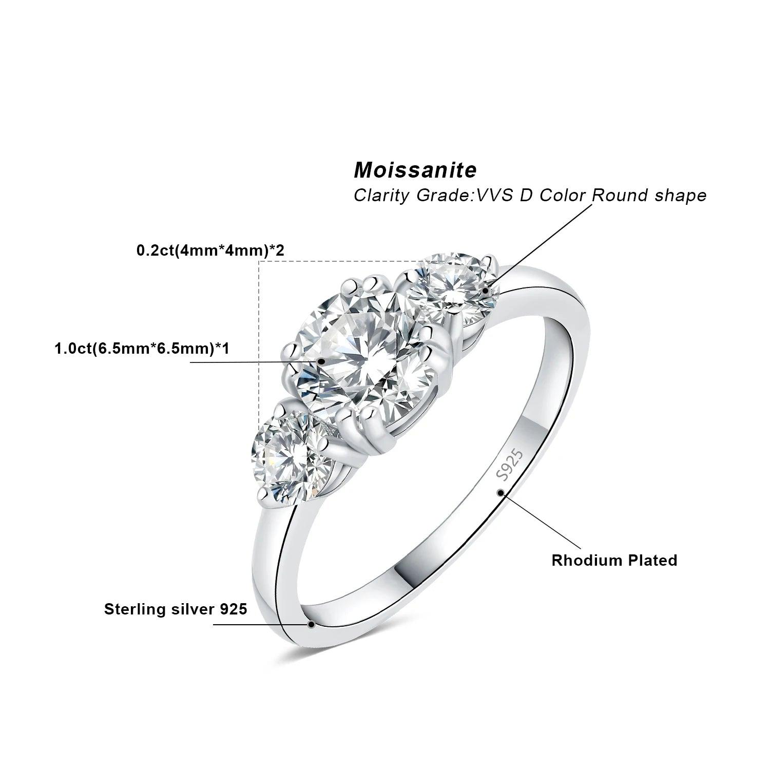 3 Stone D Colour 1.4ct Moissanite Diamonds Sterling Silver Wedding Engagement Rings for Women 18KGP Fine Jewellery