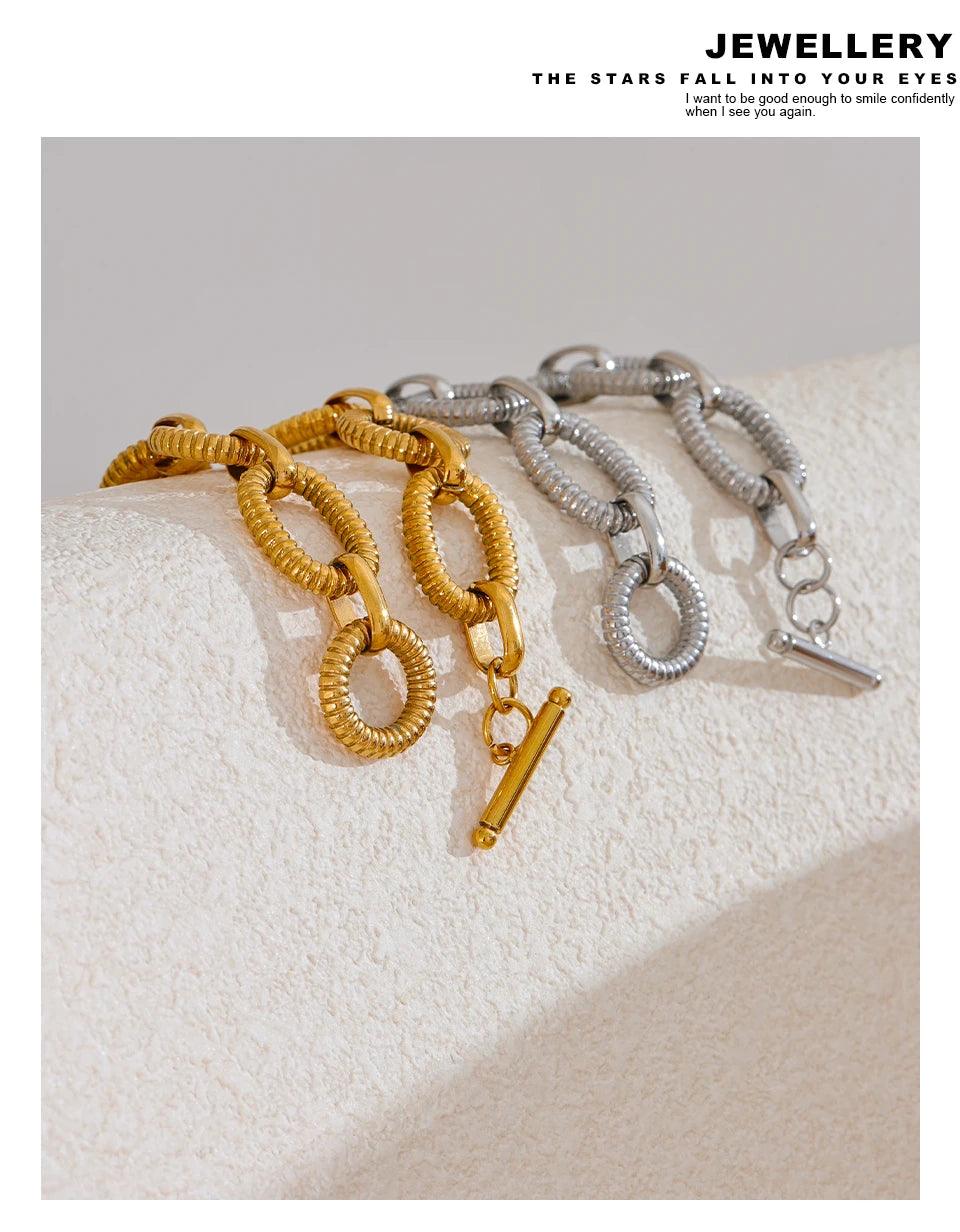 New Stainless Steel Metal Texture Oval Chain Bracelet Bangle - 18K PVD Plated Toggle-Clasps Statement Jewellery - The Jewellery Supermarket
