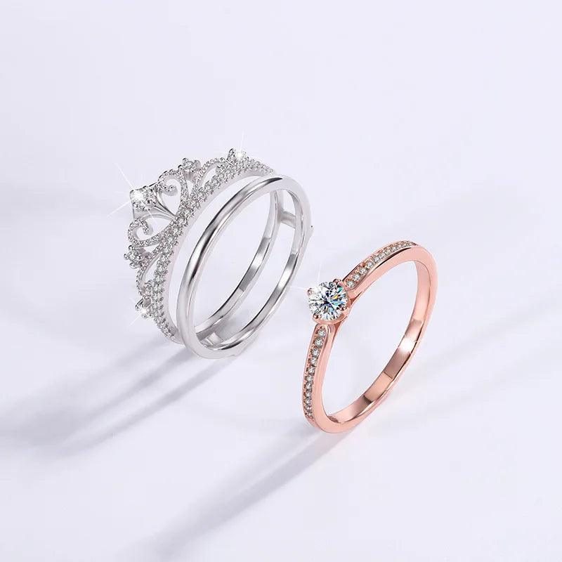 18K Rose Gold Plated D Color Moissanite Diamonds Crown Ring Set - 100% 925 Sterling Silver Fine Jewellery - The Jewellery Supermarket