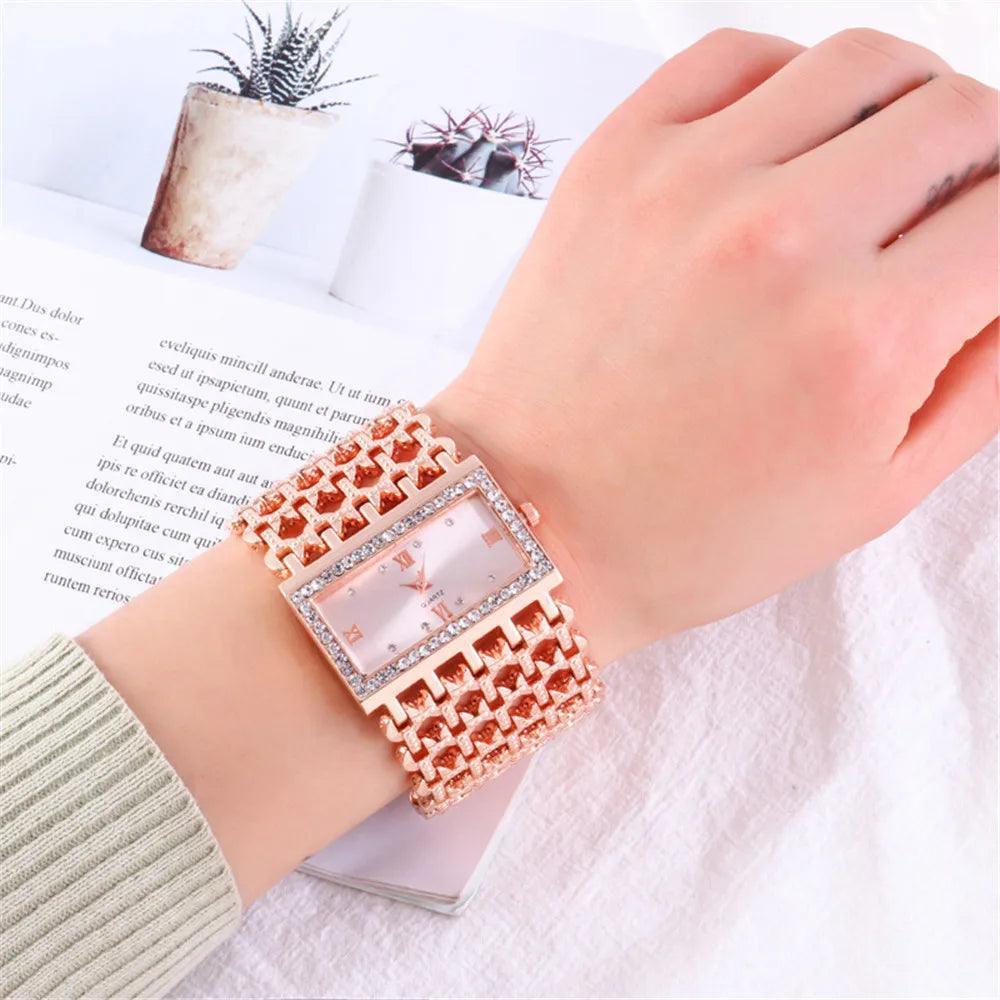 Fashion Light luxury Square CZ Diamonds Quartz Watches - Gold Colour Stainless Steel Bracelet - The Jewellery Supermarket