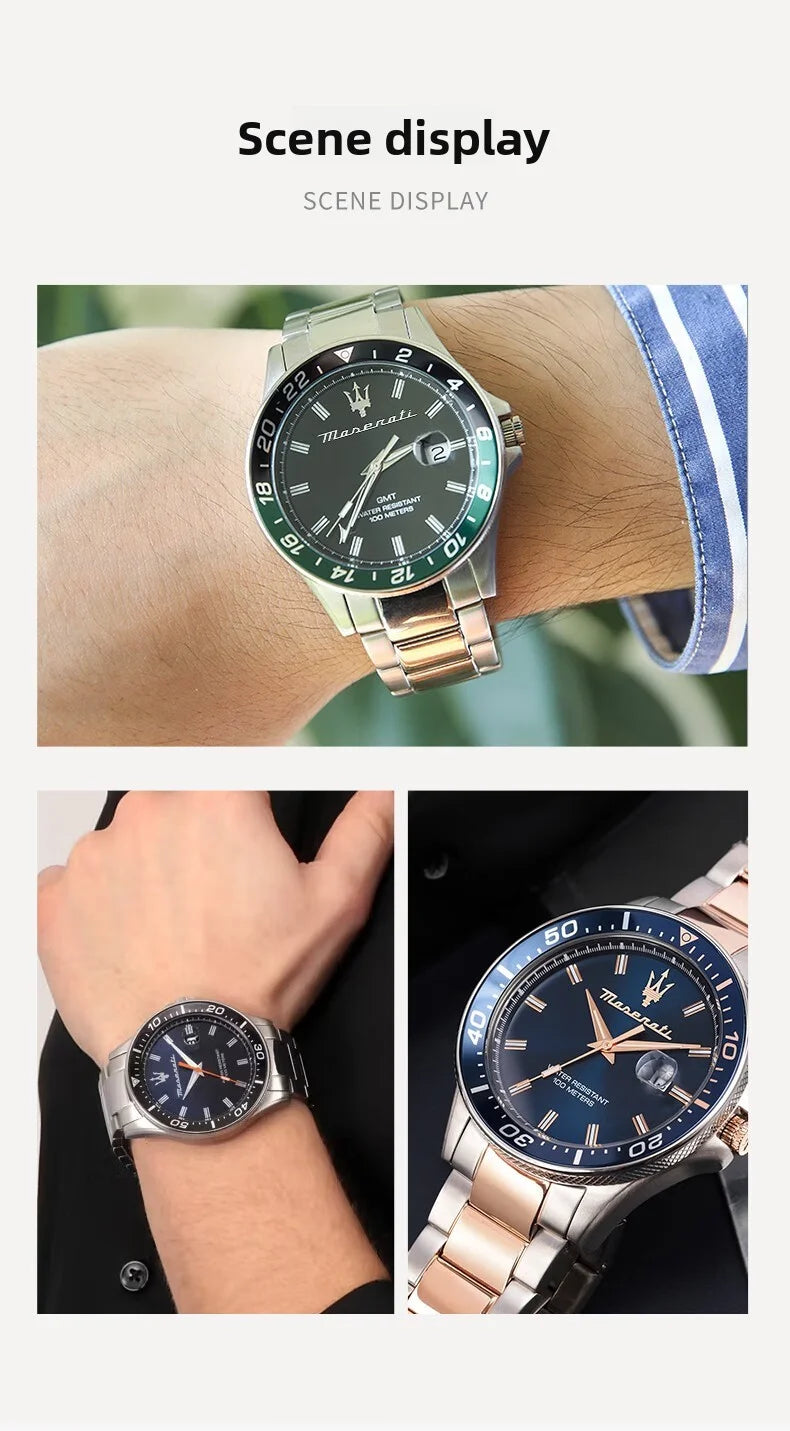 High Quality Maserati Waterproof Men's Business High-grade Green Water European and American Dial Quartz Watch