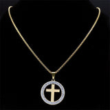 Cross AAA CZ Crystals Stainless Steel Round Pendant Necklace - Gold Colour Christian Chain Necklaces Jewellery - The Jewellery Supermarket