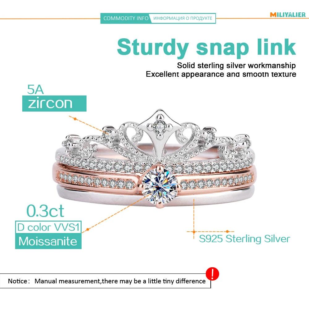 Dazzling VVS1 D Colour 0.3CT Moissanite Diamonds Engagement Wedding Crown Rings - 925 Silver GRA Certified Jewellery