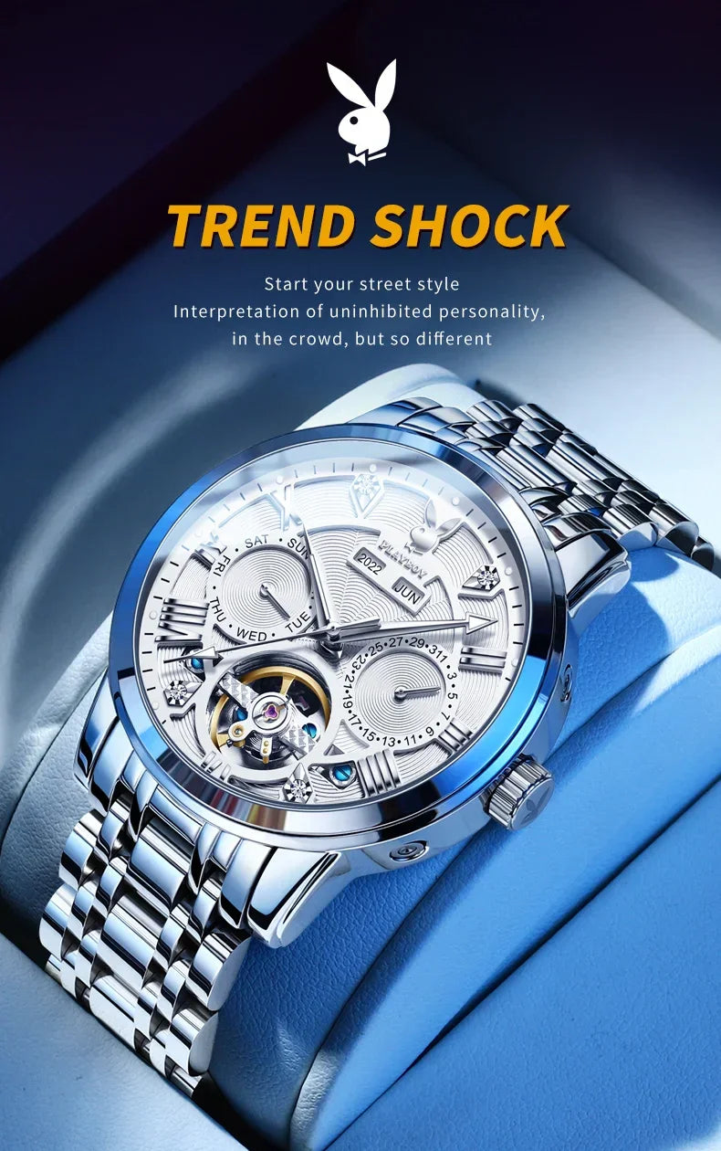 PLAYBOY Luxury Top Brand Fashion Automatic Mechanical Stainless Steel Waterproof Business Men's Watches for Men
