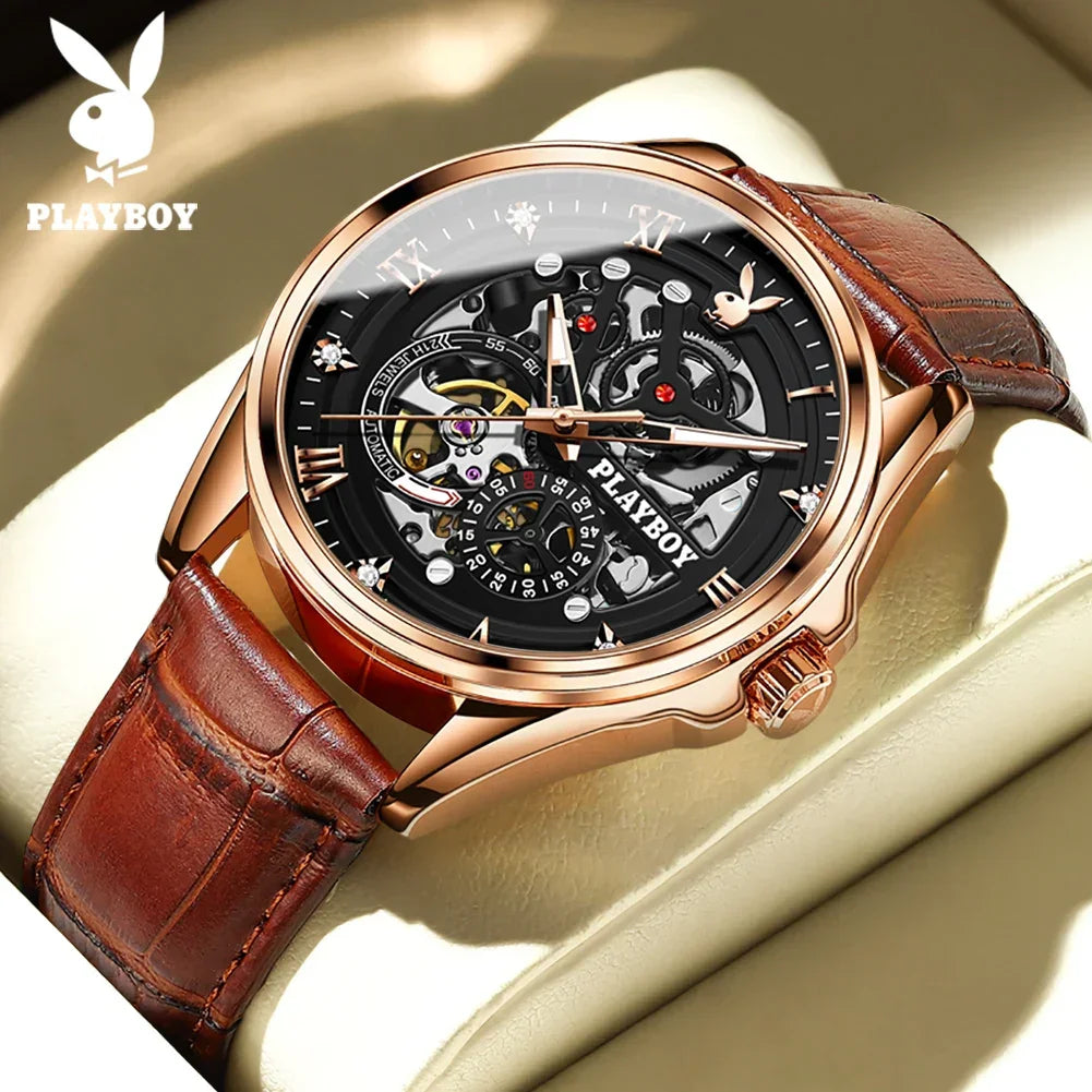 PLAYBOY Brand Skeleton Multifunction Automatic Mechanical Original Stainless Steel Fashion Luxury Watches for Men