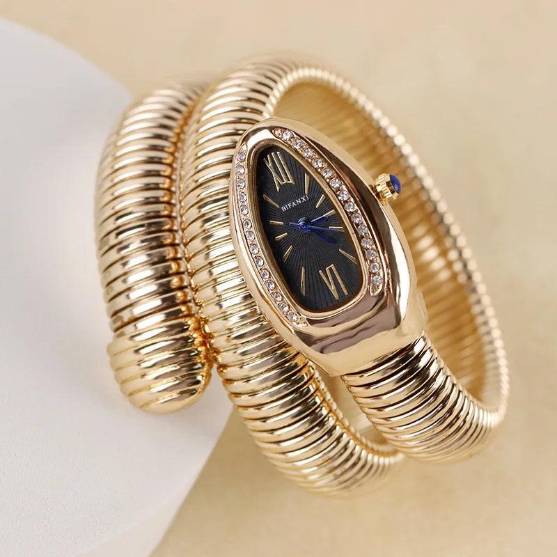 Luxury Gold Quartz Fashion Avantgarde Snake Watches for Women - Winding Bangle Steel Ladies Watches Ideal Gift