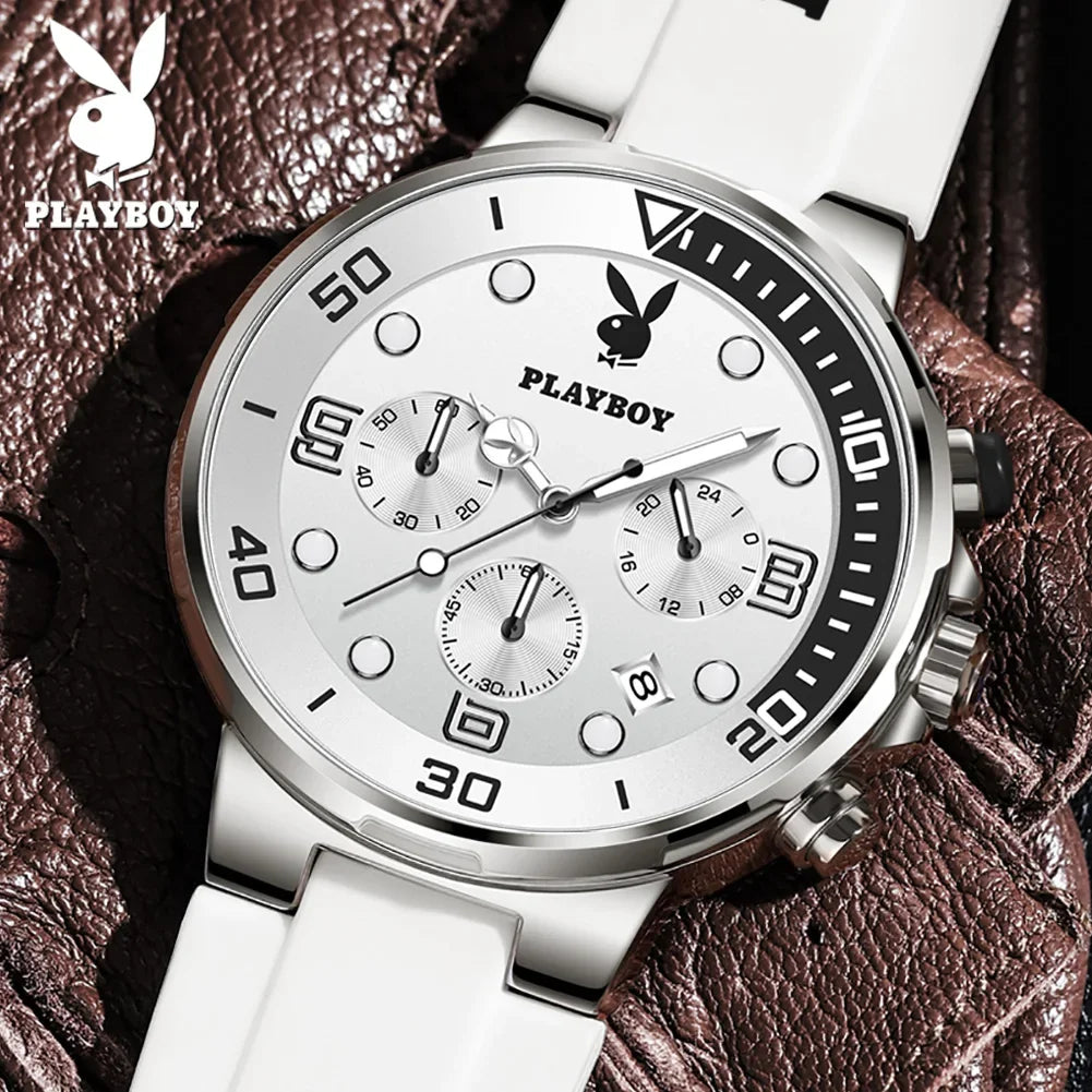 PLAYBOY Top Brand  New Original Fashion High Quality Silicone Strap Multifunction Quartz Watch for Men