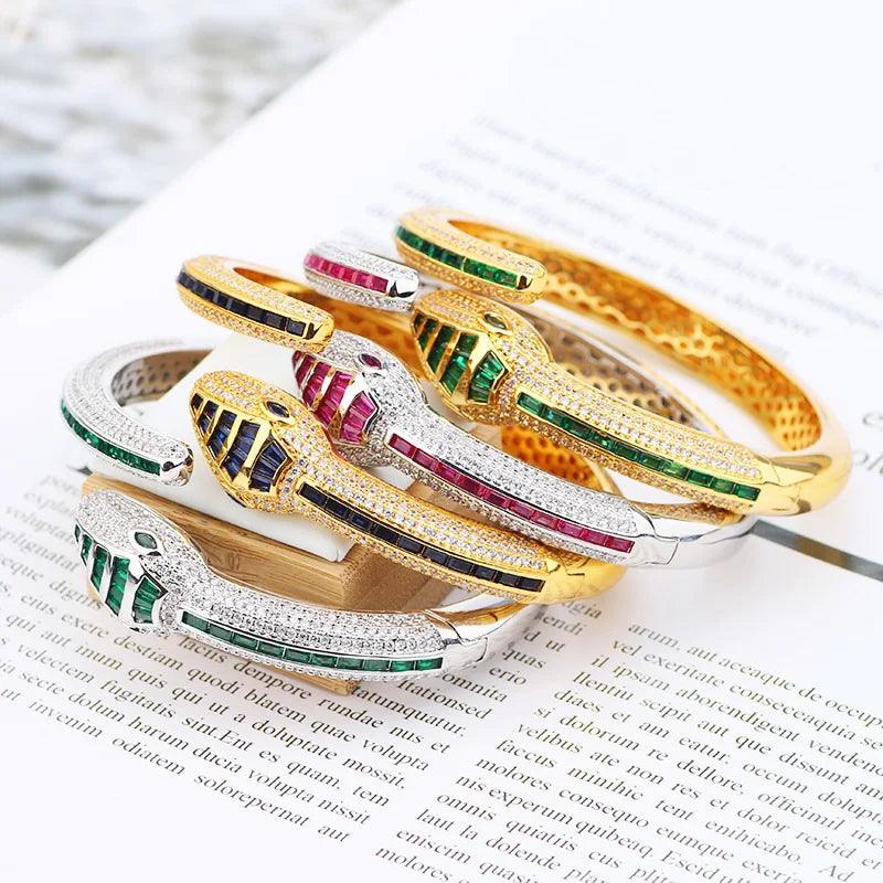 Designer Collection Rectangle Zircon Diamonds Gold Color Snake Serpent Snakelike Open Bangle Bracelet Ladies Watches