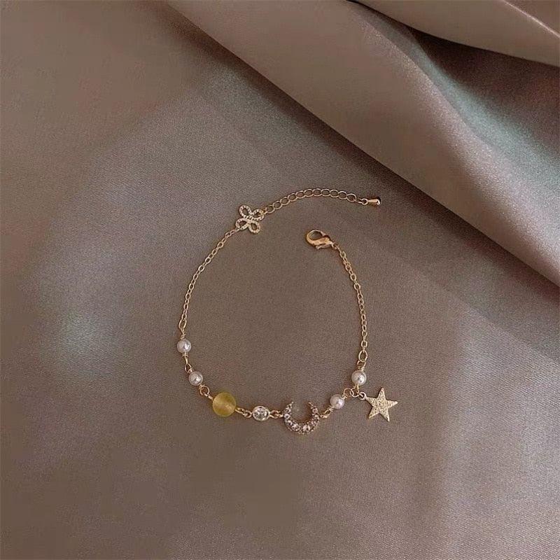 Simple Star Moon Zircon Pearl Charm Bracelets - Cute Elegant Exquisite Shiny Link Chain Bracelet Charm Jewellery - The Jewellery Supermarket