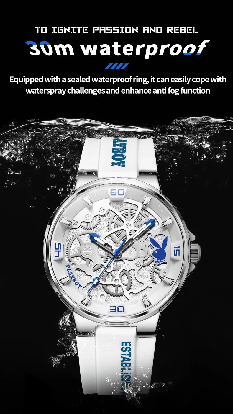 PLAYBOY Luxury Brand Casual Waterproof Quartz Silicone Strap Sports Elegant High-end Wrist Watch for Men