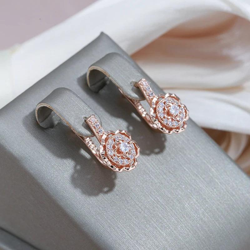 Sparkling Crystal Flower Dangle Glossy 14K Rolled Rose Gold AAA Zircon Diamonds Earrings - Fine Jewellery