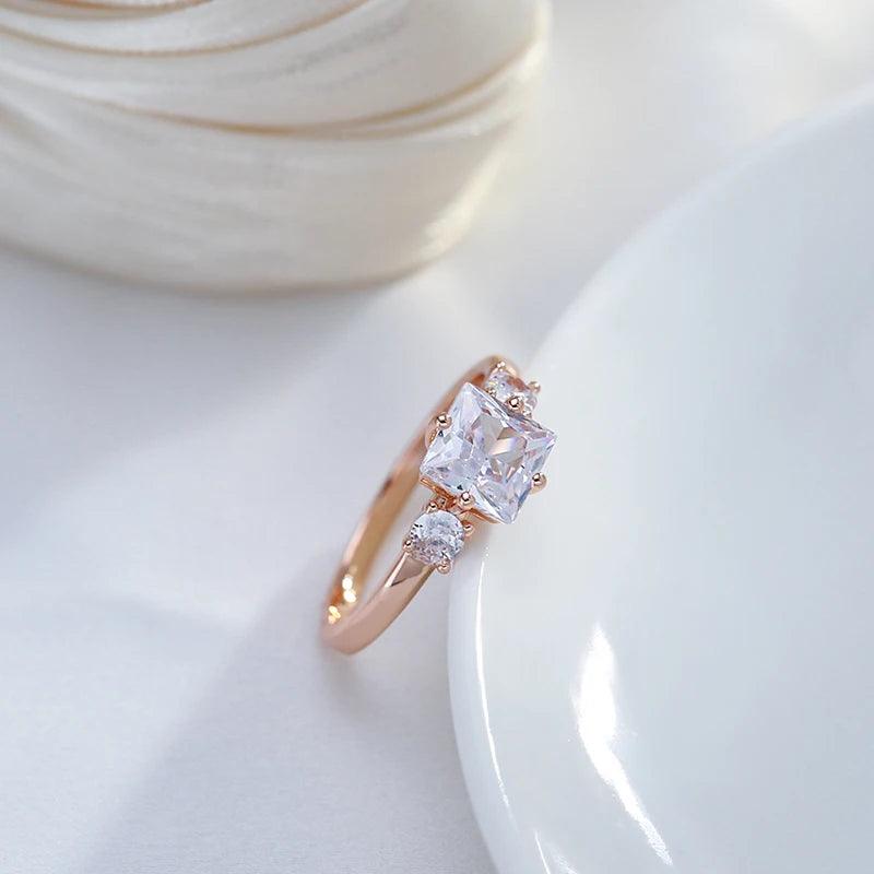 Dazzling Square AAA Zircon Crystals 14K Rolled Rose Gold Ring for Women - High Quality Daily Fine Jewellery