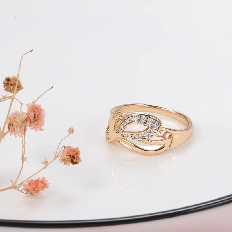 Superb Leaf Shape 14K Rolled Rose Gold Shiny AAA Zircon Diamonds Paved Luxury Design Ring - Fine Jewellery