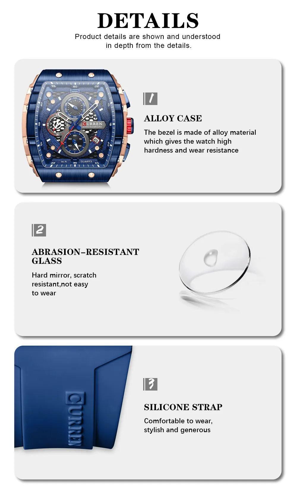 Top Brand Luxury Square Quartz Men's Watches - Waterproof Luminous Chronograph Watches for Men - The Jewellery Supermarket