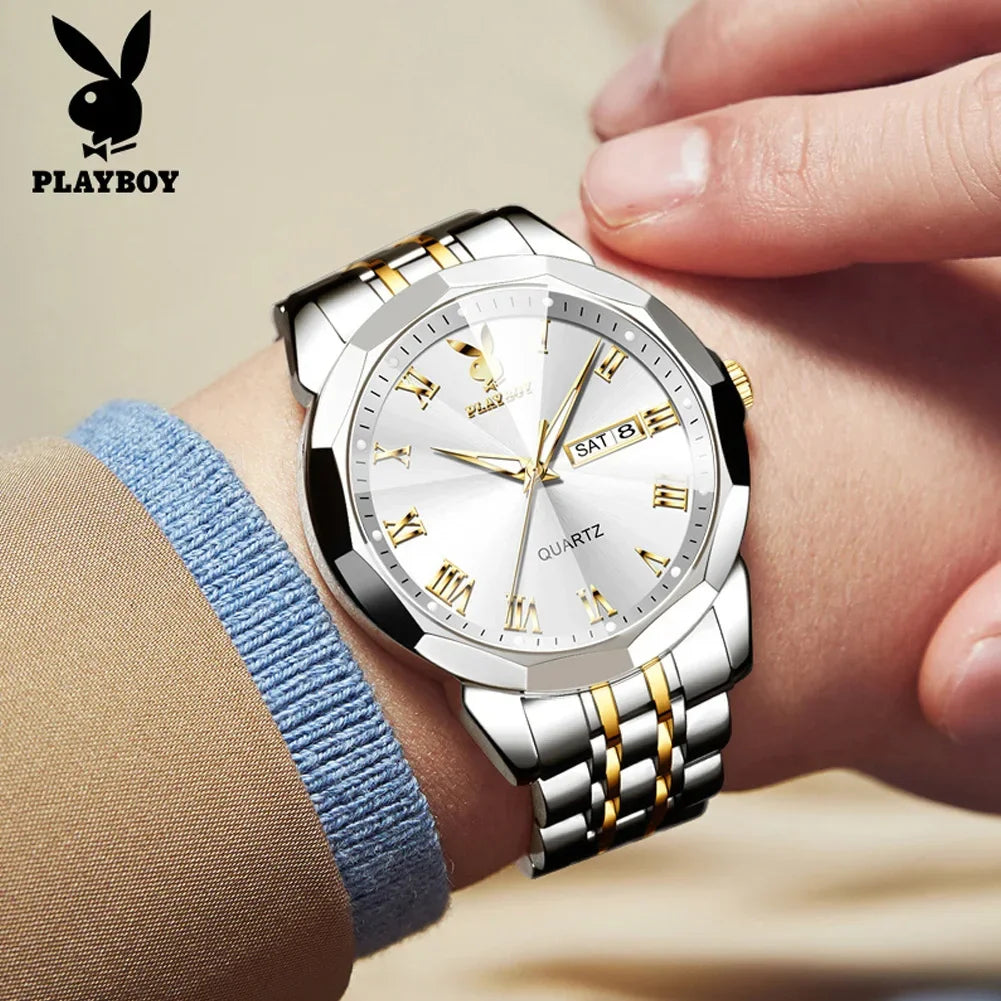 PLAYBOY Fashion Luxury High Quality Original Stainless Steel Waterproof Dual Calendar Luminous Quartz Men Watch