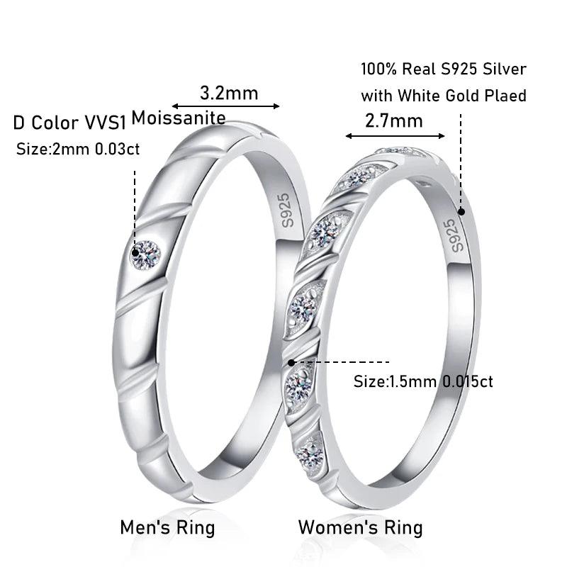 Luxury Moissanite Diamonds Couple Wedding Rings - 925 Sterling Silver Fashion Simple Fine Jewellery