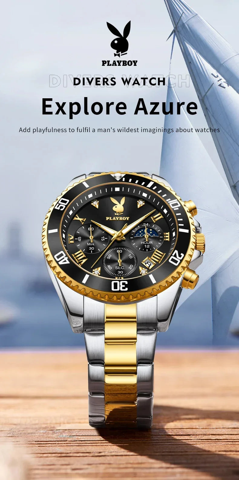 PLAYBOY Casual Business New Original Stainless Steel Multifunction Waterproof Luxury Quartz Men's Watches