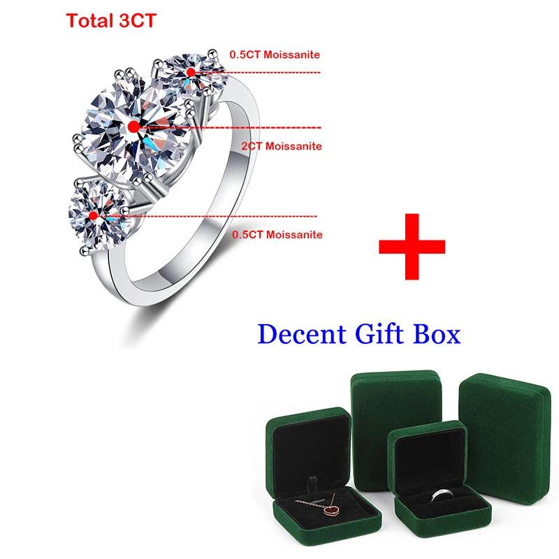 Superb 3CT 3 Stones Moissanite Diamonds Rings for Women 18KGP Wedding Engagement Bridal Sterling Silver Jewellery