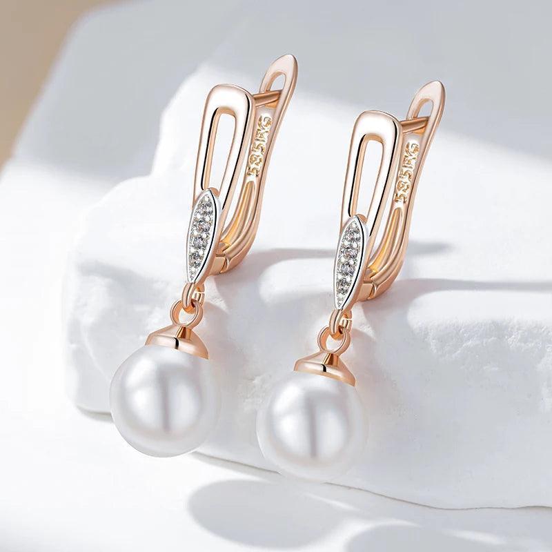 Luxury Unique Geometric Filled Rose Gold of 14-Karat Purity Pearl Drop Earrings for Women - Boho Ethnic Jewellery